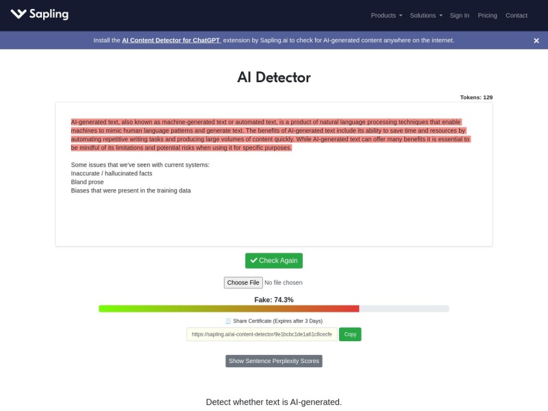 Sapling AI Content Detector 网站截图