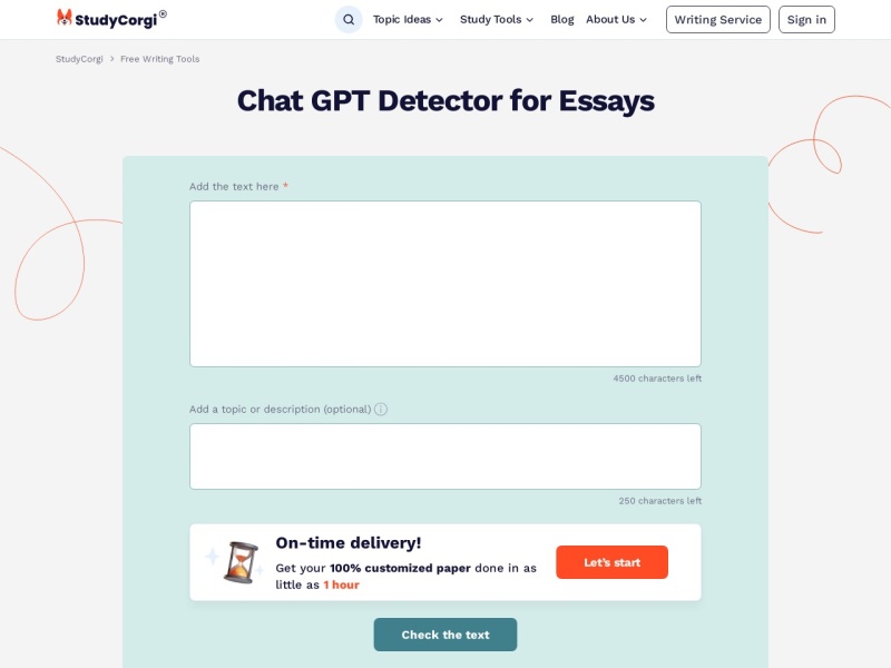 StudyCorgi ChatGPT Detector 网站截图