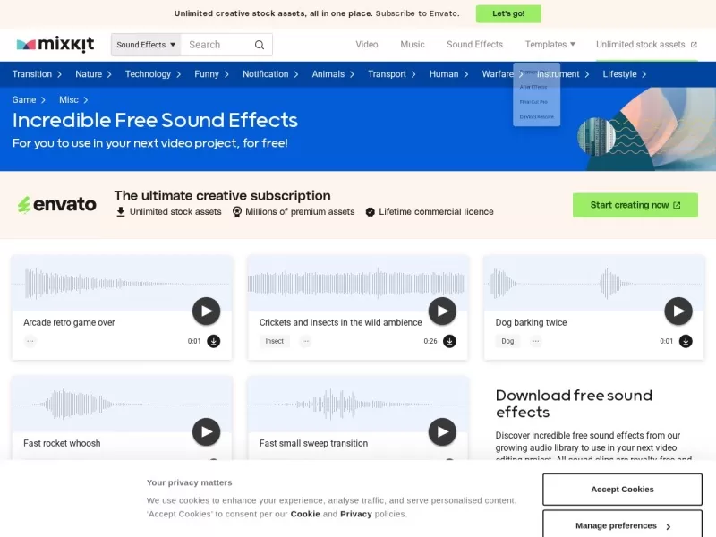 Mixkit Sound Effects网站截图