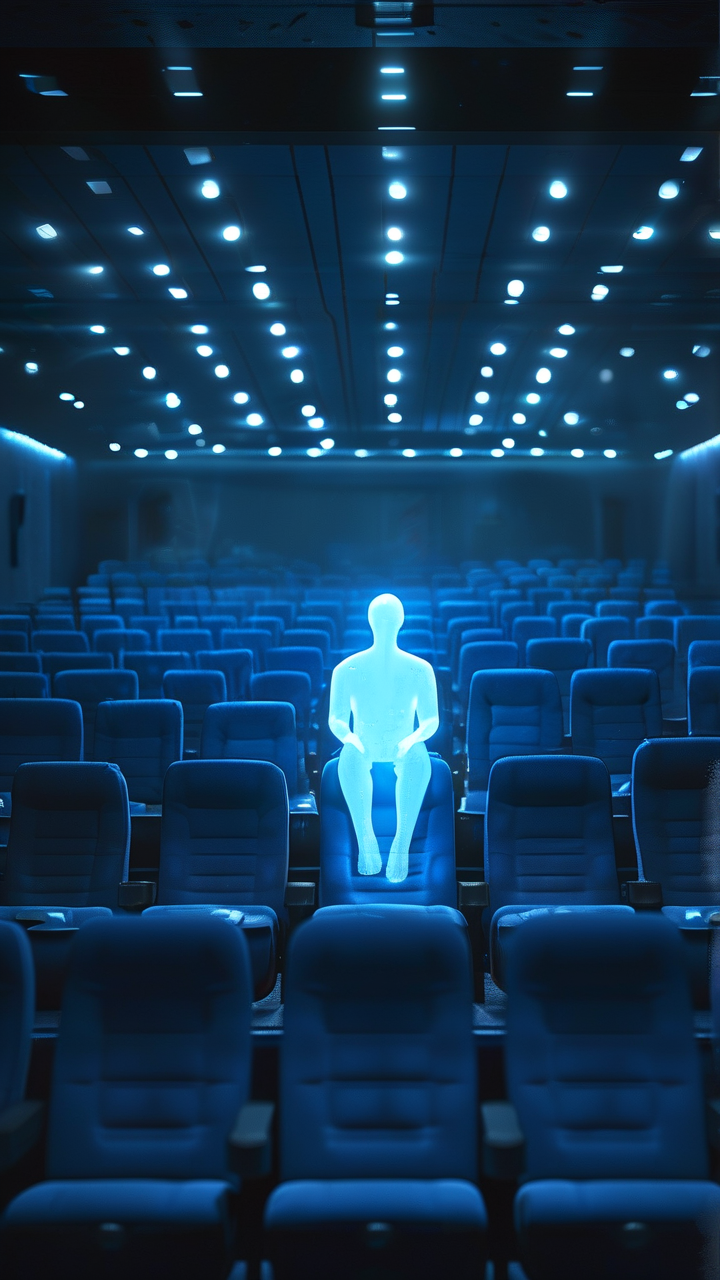 昏暗的电影院或剧院内部，整齐排列的蓝色座椅空无一人，环境幽静而神秘。画面中央坐着一个发光的蓝色人形剪...