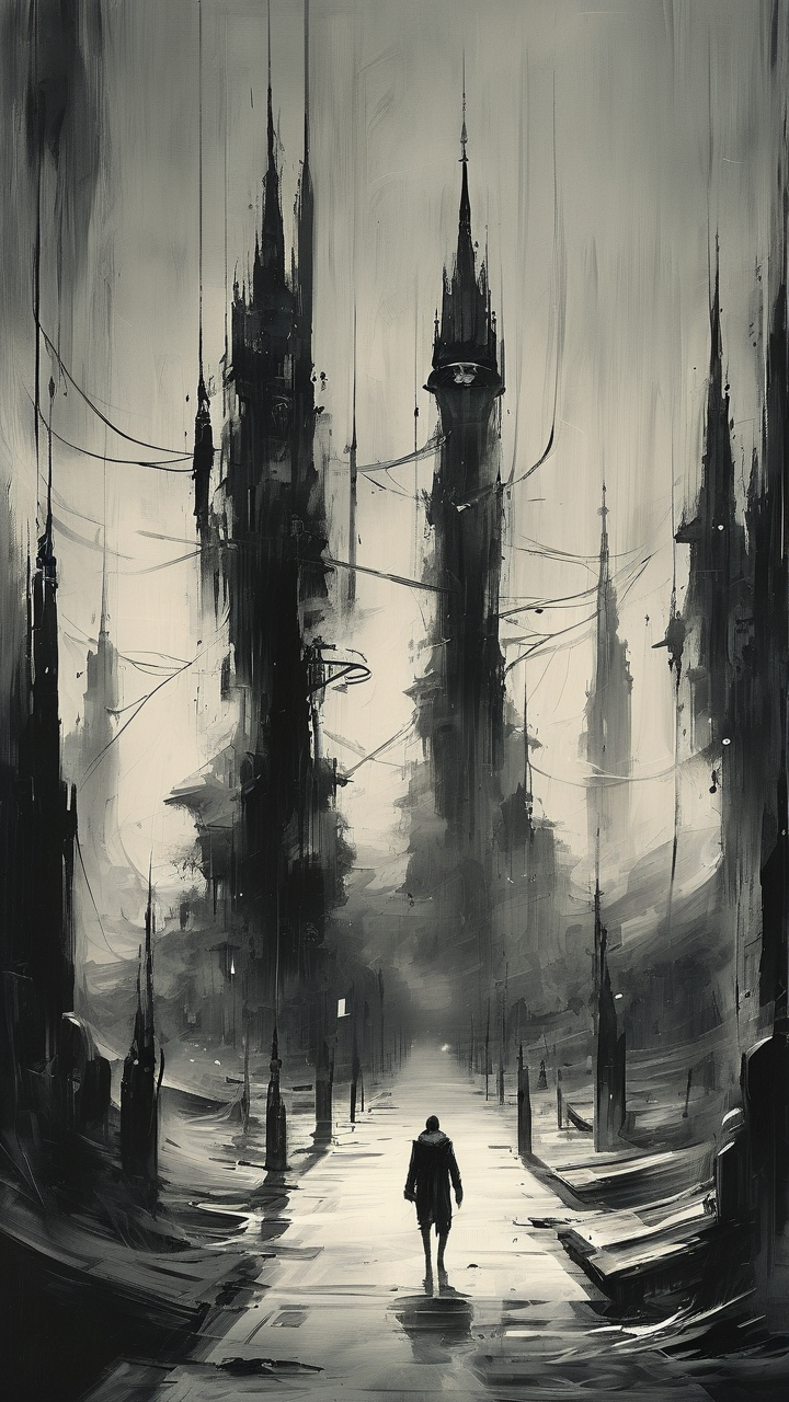 AI生成图像：这是一幅具有动漫风格的插画，采用黑白渲染和流线笔刷的视觉表现...