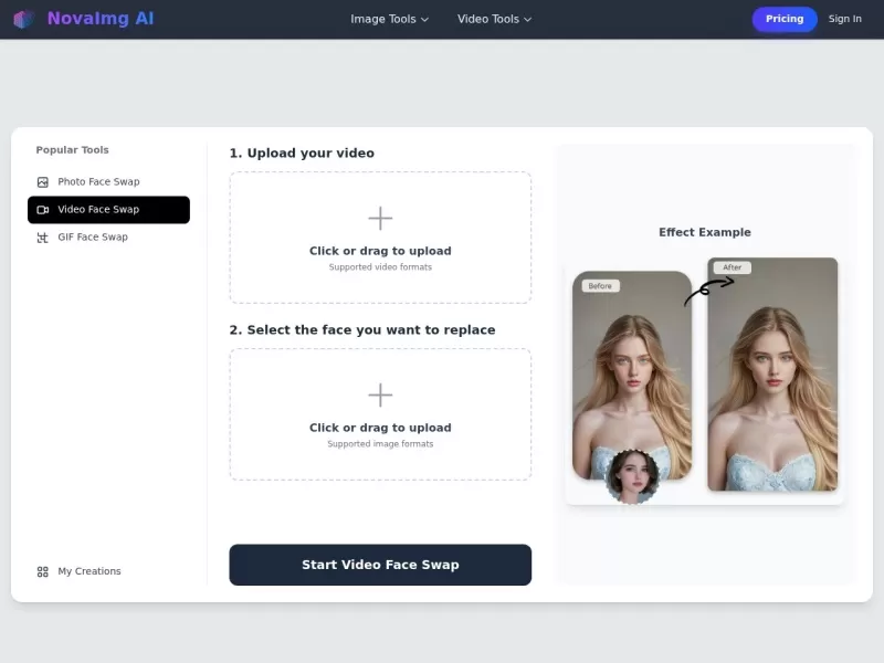 Free video face swap - NovaImg AI网站截图