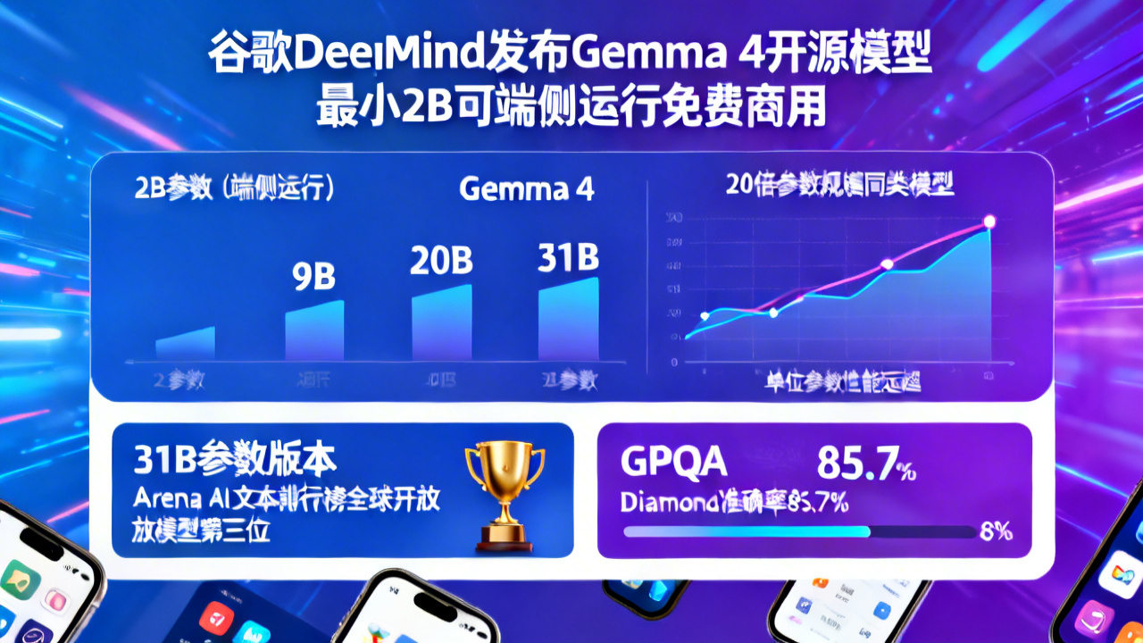 谷歌DeepMind发布Gemma 4开源模型 最小2B可端侧运行免费商用