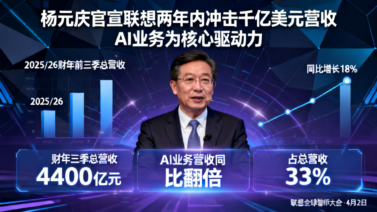 杨元庆官宣联想两年内冲击千亿美元营收 AI业务为核心驱动力