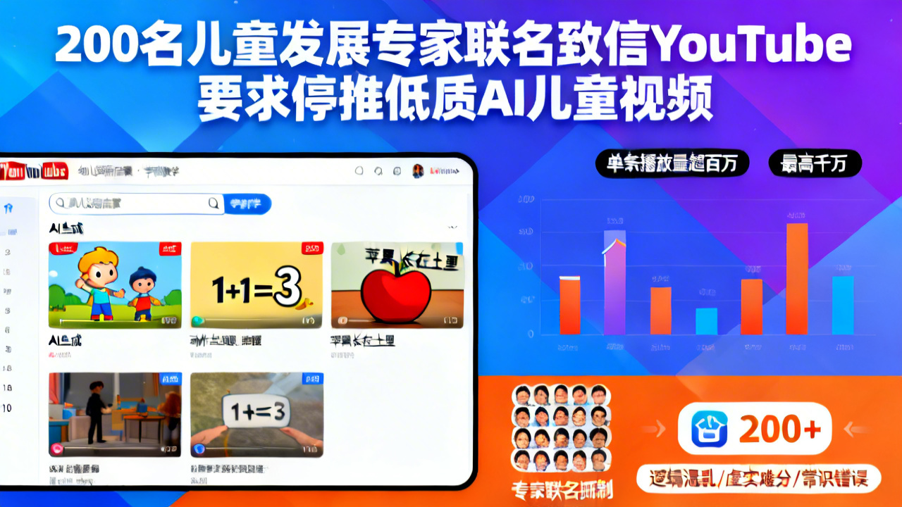 200名儿童发展专家联名致信YouTube 要求停推低质AI儿童视频