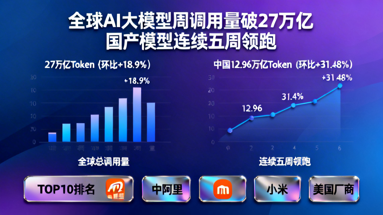 全球AI大模型周调用量破27万亿 国产模型连续五周领跑