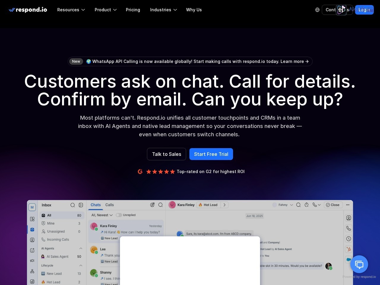 Respond.io 网站截图