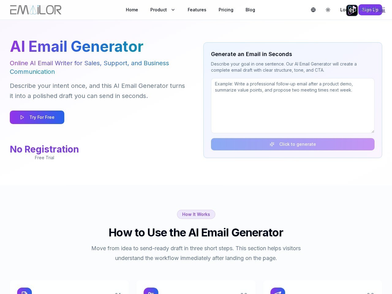 Emailor AI Email Generator 网站截图