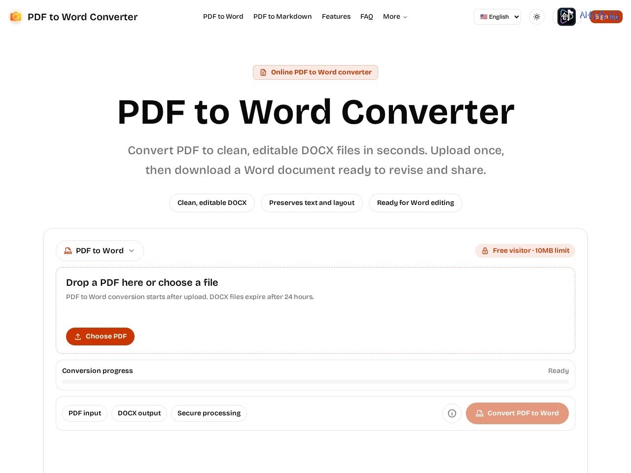 PDF to Word AI Converter 网站截图