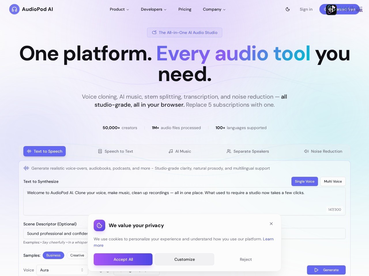 AudioPod AI 网站截图