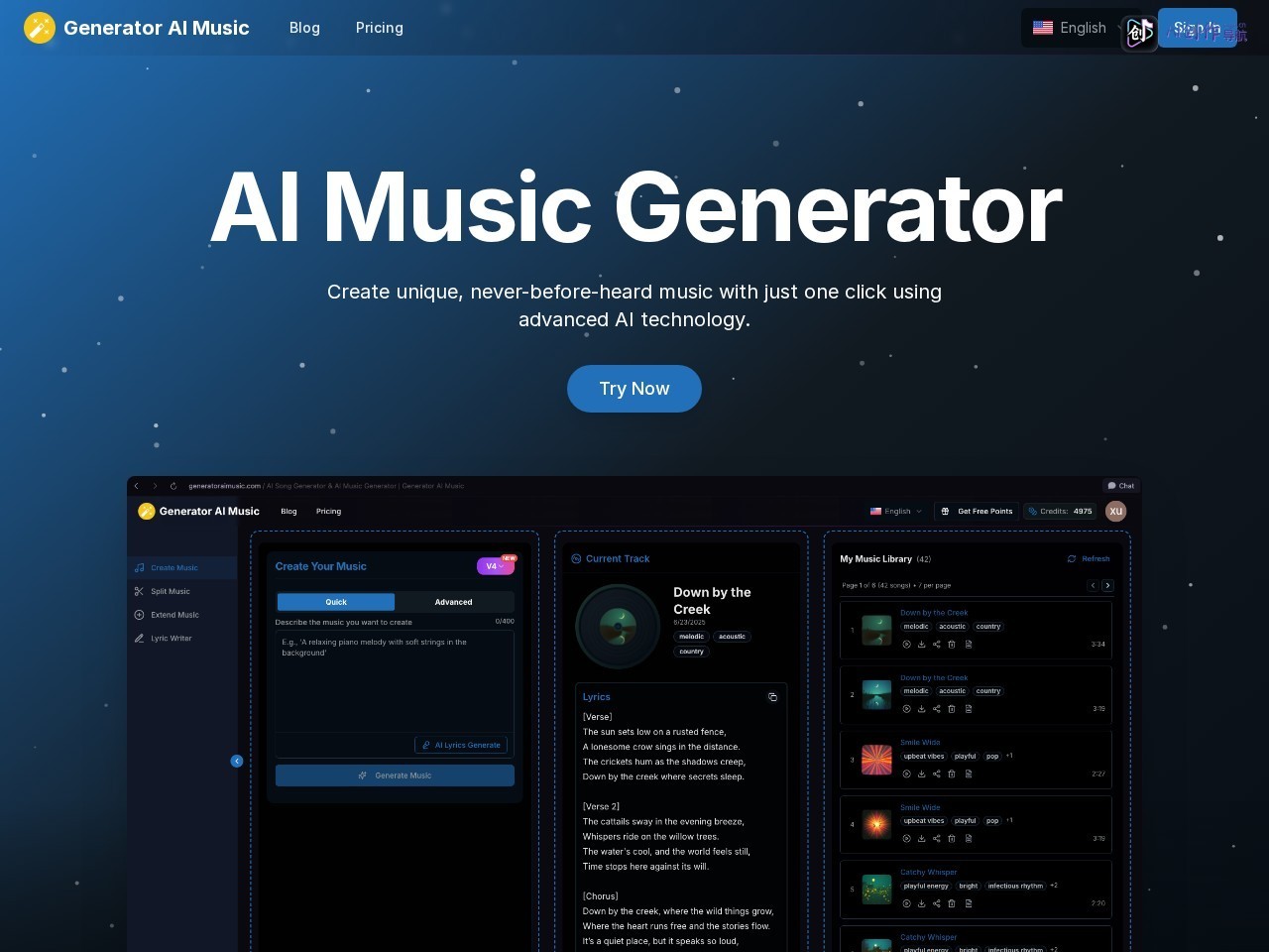 Generator AI Music 网站截图