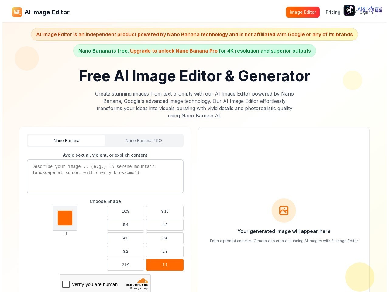 Free AI Image Editor &amp; Generator 网站截图