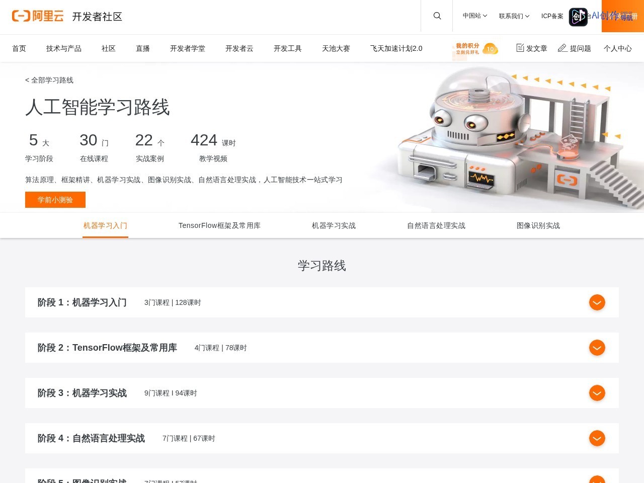 阿里云人工智能学习路线 网站截图