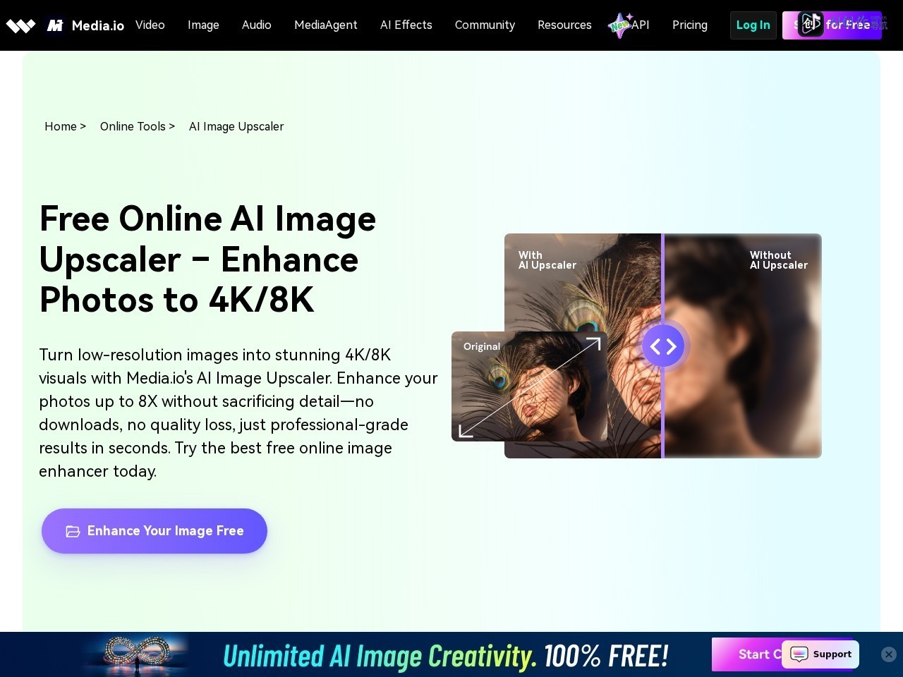 Media.io AI Image Upscaler 网站截图