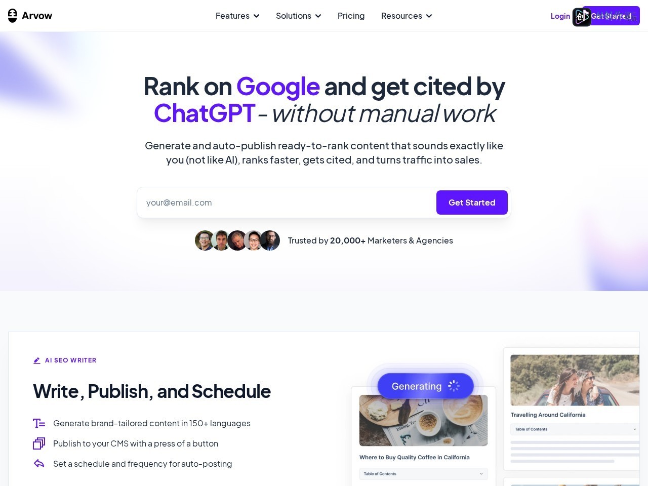 Arvow AI SEO Writer 网站截图
