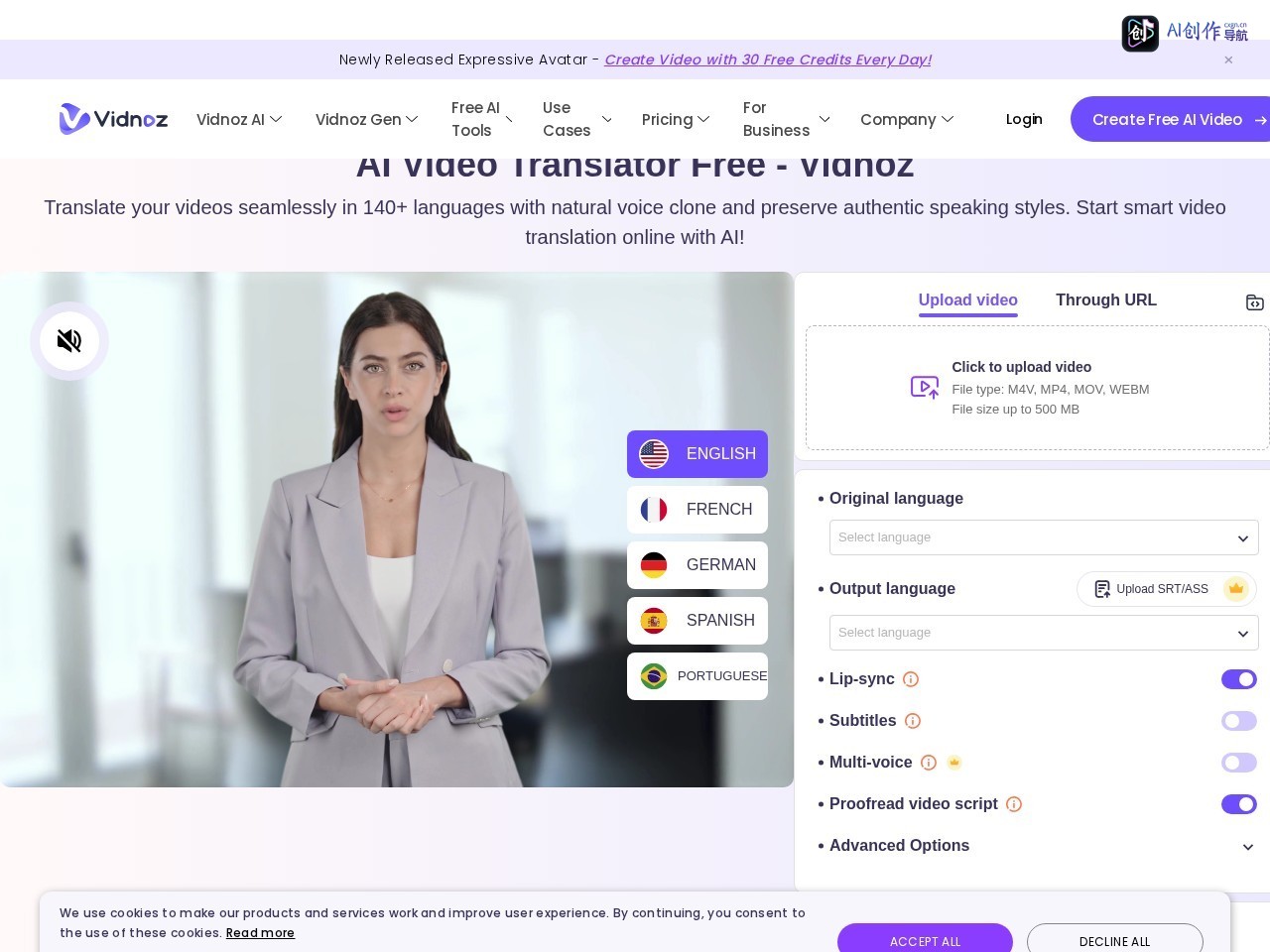 Vidnoz AI Video Translator 网站截图