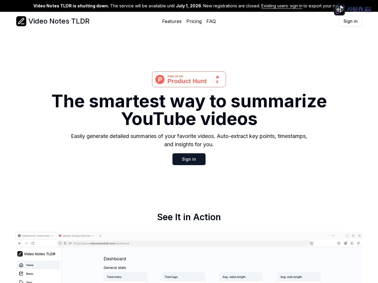 Video Notes TLDR 网站截图