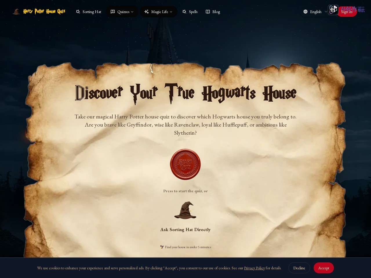 Harry Potter House Quiz 网站截图
