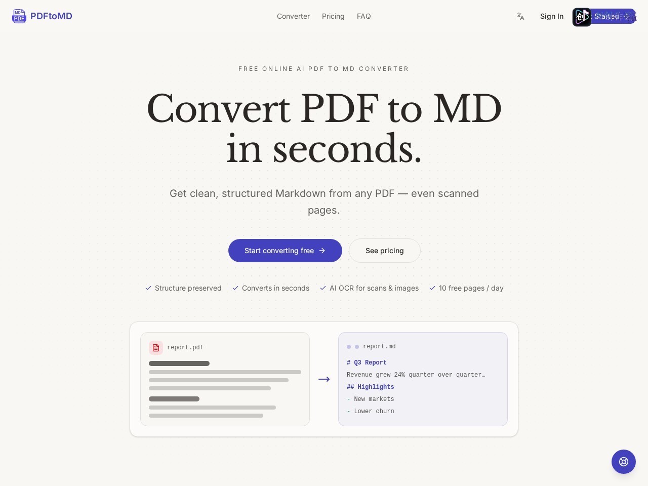 PDFtoMD 网站截图