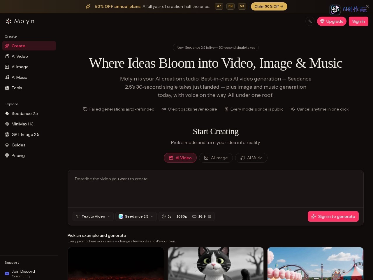 Molyin - AI Creation Platform for Video, Image, Music &amp; Voice 网站截图